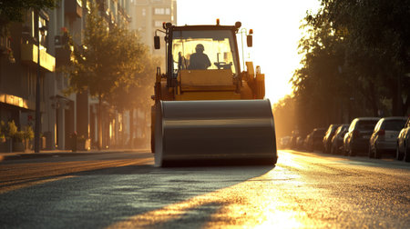 Heavy road roller casting long shadow over pavement during golden hourの素材