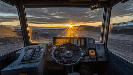 Morning sun flares through the cab of a parked wheel loader on a flat development siteの素材