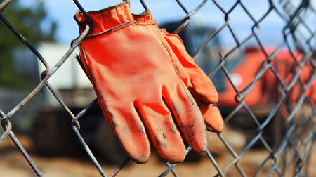 Orange gloves hanging from metal fence in front of construction vehicleの素材