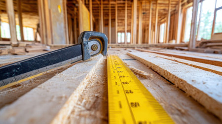 Hand saw and measuring tape on a pile of timber boards in an unfinished roomの素材