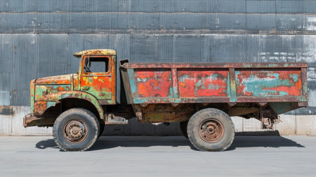Old dump truck with faded paint stationed in warehouse lot under morning sunの素材