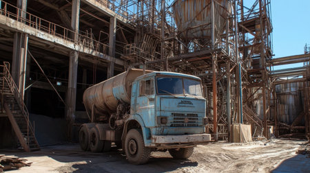 Mixer truck waiting in queue at batching plant for loadingの素材