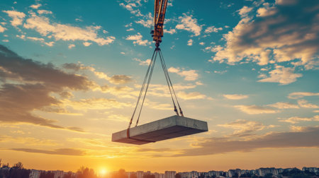 Hydraulic crane moving precast concrete slabs on a busy roadside infrastructure siteの素材