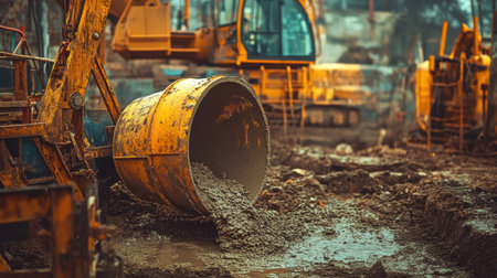 Mixer drum tilted downward with fresh concrete spilling into foundation trenchの素材