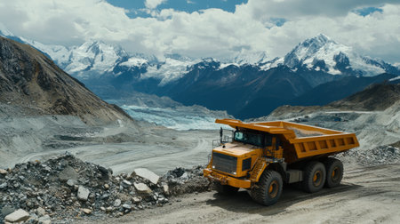 Massive dump truck with extended cab parked in large quarry zoneの素材