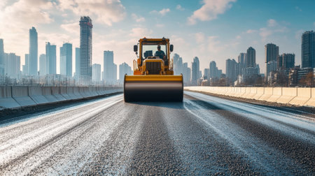Industrial road roller smoothing a new highway layer with urban skyline visible in the distanceの素材