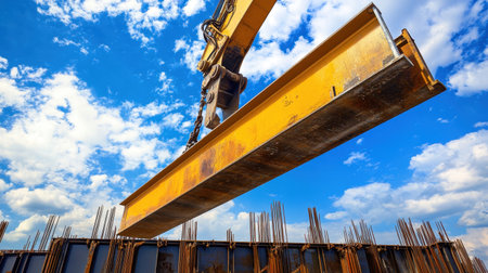 Mechanical arm of an excavator lifting a steel beam during site preparation for commercial buildingの素材