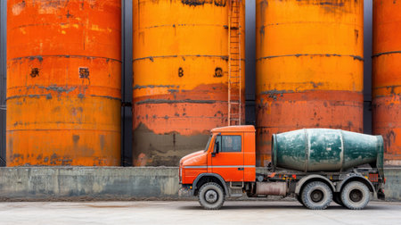 Mixer truck parked in front of large concrete silos at batching plantの素材