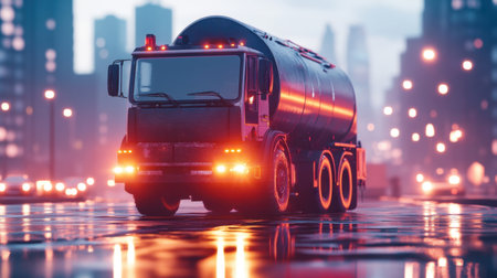 Mixer parked on industrial site under soft sunrise lightの素材