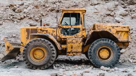 Old wheel loader with faded paint parked in front of abandoned construction equipmentの素材