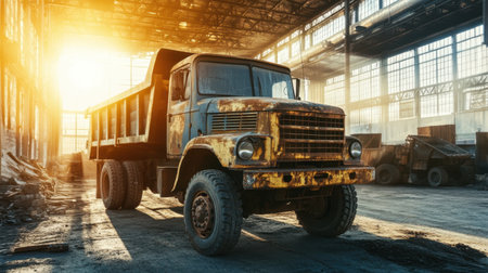 Old dump truck with faded paint stationed in warehouse lot under morning sunの素材