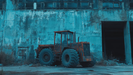 Old wheel loader with faded paint parked in front of abandoned construction equipmentの素材