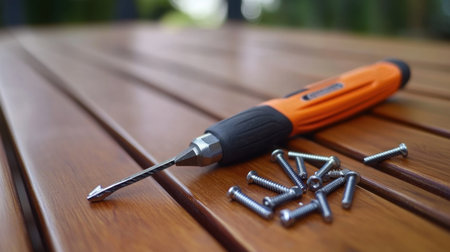 Multi-bit screwdriver set beside screws organized by typeの素材