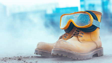 Safety goggles and ear protection placed beside heavy-duty work boots on dusty groundの素材
