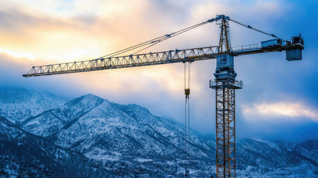 High-altitude tower crane with snowy mountains in the background on a remote development siteの素材