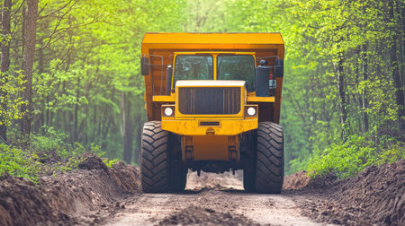 Large dump truck hauling load through forest clearing for road constructionの素材