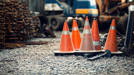 Pile of orange safety cones stacked near construction tools on gravelの素材