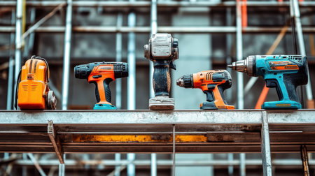 Power tools including grinder, drill, and sander lined up on steel scaffolding platformの素材