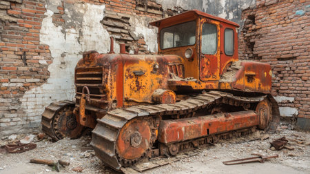 Old bulldozer abandoned beside crumbling brick wall and toolsの素材