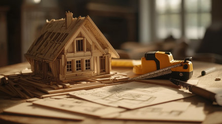 Power jigsaw placed near cut wood pieces and pencil sketchesの素材