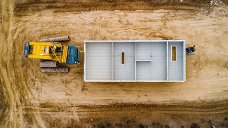 Overhead view of a crane lifting a prefabricated wall panel into place at a modular housing siteの素材