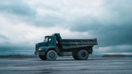 Side view of dump truck with empty bed parked at rest under overcast skyの素材