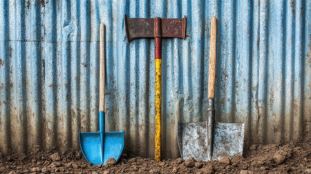 Shovel, pickaxe, and hoe leaning against a metal shed wall on dirt groundの素材