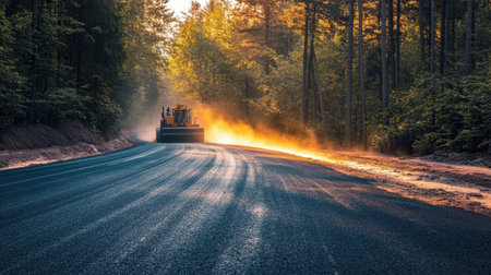 Steamroller machine rolling a fresh tarmac road with dust clouds rising in golden hour lightの素材