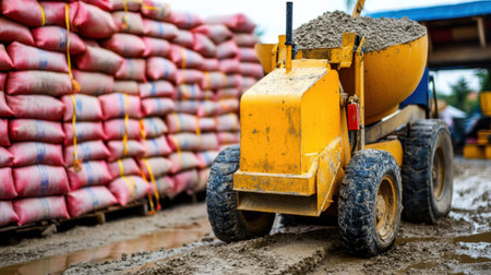 Small concrete mixer operating beside stack of cement bagsの素材