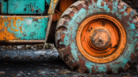 Textured wheel and drum of road roller up close showing surface grime and wearの素材