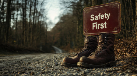 Work boots and gloves on gravel near a construction sign that reads Safety Firstの素材