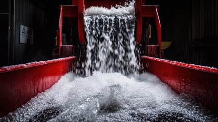 Wet concrete pouring down mixer chute with high contrast lightingの素材