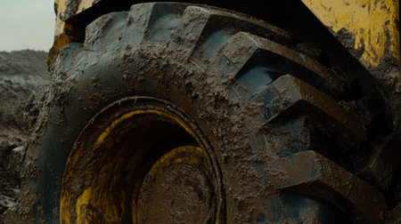 Tire detail on a wheel loader, showing mud caked into thick tread patternsの素材