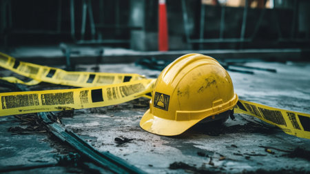 Yellow hard hat beside caution tape and portable safety barriersの素材