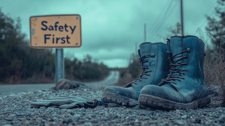 Work boots and gloves on gravel near a construction sign that reads Safety Firstの素材