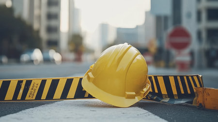 Yellow hard hat beside caution tape and portable safety barriersの素材