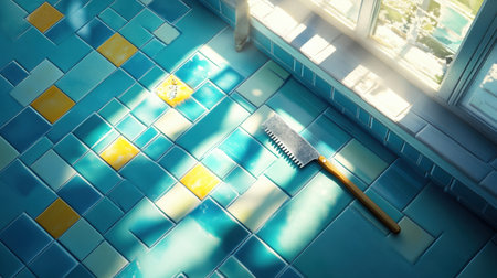 Tiling tools including notched trowel and spacers on partially tiled floorの素材