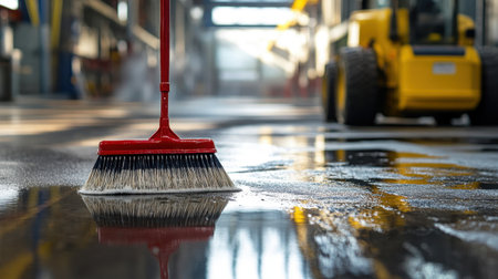 Cleaning foam sprayer and brush set on industrial concrete floorの素材