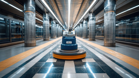 Floor polishing machine stationed on high-gloss tile in empty hallwayの素材