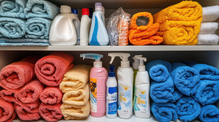 Labeled cleaning sprays organized neatly inside a modern supply cabinetの素材