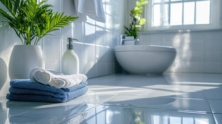 Polished bathroom floor with cleaning spray and cloth placed on sinkの素材