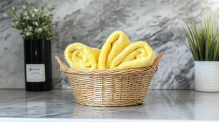 Set of cleaning cloths placed in wire basket on a countertop with marble backsplashの素材