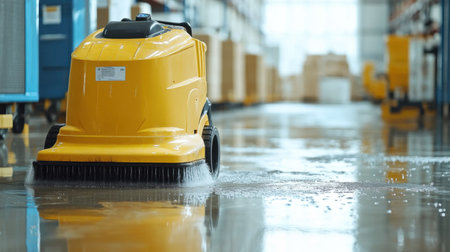 Industrial floor cleaner stationed in a clean warehouse with concrete flooringの素材
