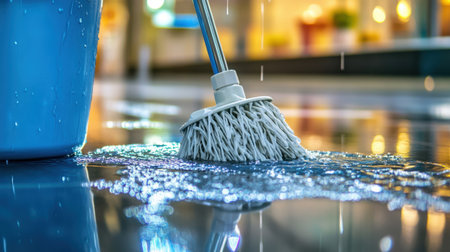 Mop head dripping water into bucket on commercial floor with reflectionsの素材