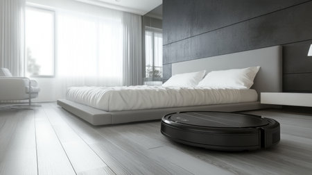Robot vacuum under a low-profile bed with white sheets in a modern bedroomの素材
