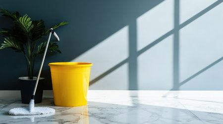Yellow mop bucket with wringer and mop placed on freshly cleaned marble floorの素材
