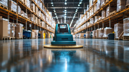 Industrial floor scrubber machine resting in a large warehouse with shiny floorsの素材