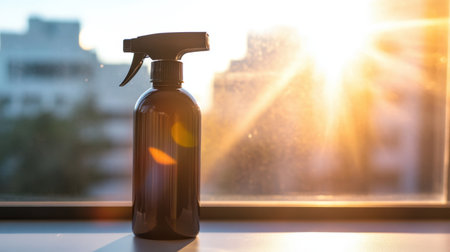 Spray bottle resting on window sill with sunlight and clear sky outsideの素材