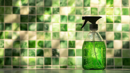 Transparent spray bottle filled with vinegar solution in front of tile wallの素材