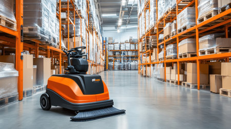 Ride-on scrubber beside workstations in a modern logistics centerの素材